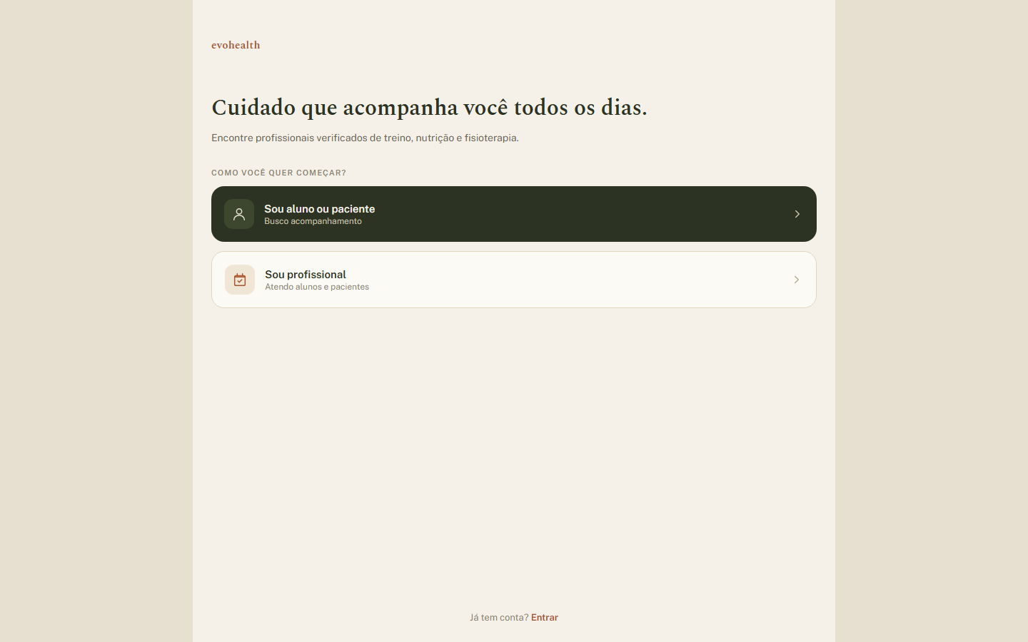 Tela inicial da plataforma EvoHealth